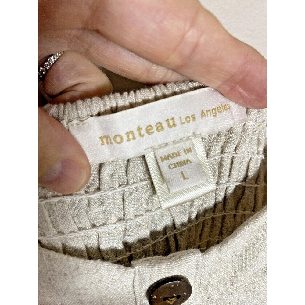Monteau Los Angeles Beige Linen Blend Ruffle Strap Button Front Midi Dress L - Picture 3 of 4
